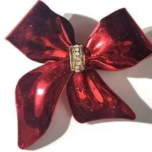 Vtg Shiny Red Enamel Rhinestone Christmas Bow Pin Brooch